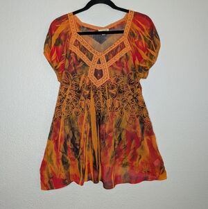 ONE WORLD Vibrant Red Orange Babydoll Fairy Renaissance Bejeweled Lace Blouse L